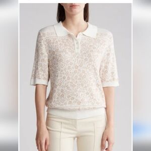 GEMMA + JANE Floral Jaquard Sweater  Polo Top in White and Sand. Size Small